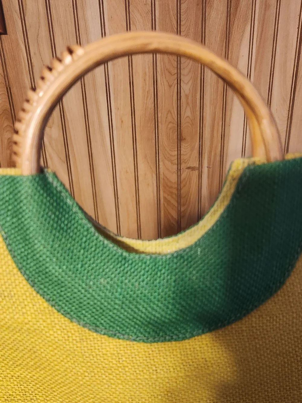 Source Unknown Yellow and Green Straw Tote with Bamboo Handles